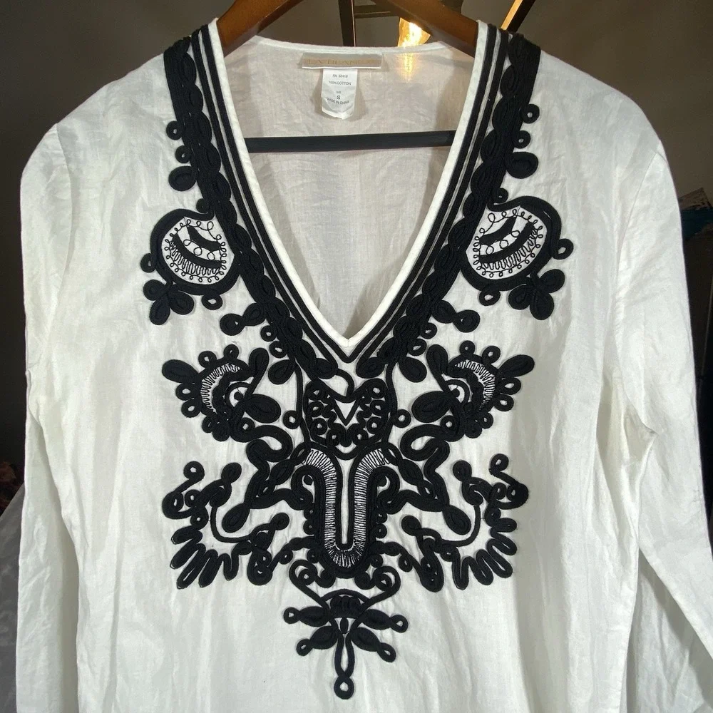 La Blanca Tunic Top Or Cover Up Resort Wear Small White Crochet Trim Island Chic - Picture 2 of 11